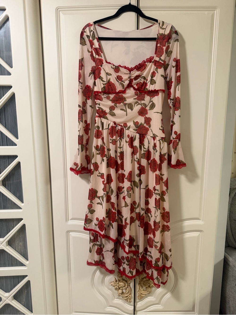 Floral Red Rose Print Long Sleeve Midi Dress - Women's